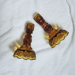 Vintage Amber L.E. Smith Moon and Stars Candle Holders, 6 inches